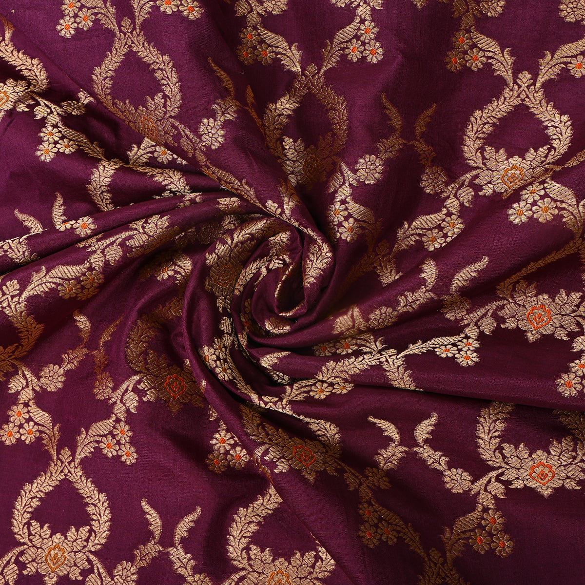 Plum Gold Zari Floral Trellis Jaal Jamawar Silk Fabric