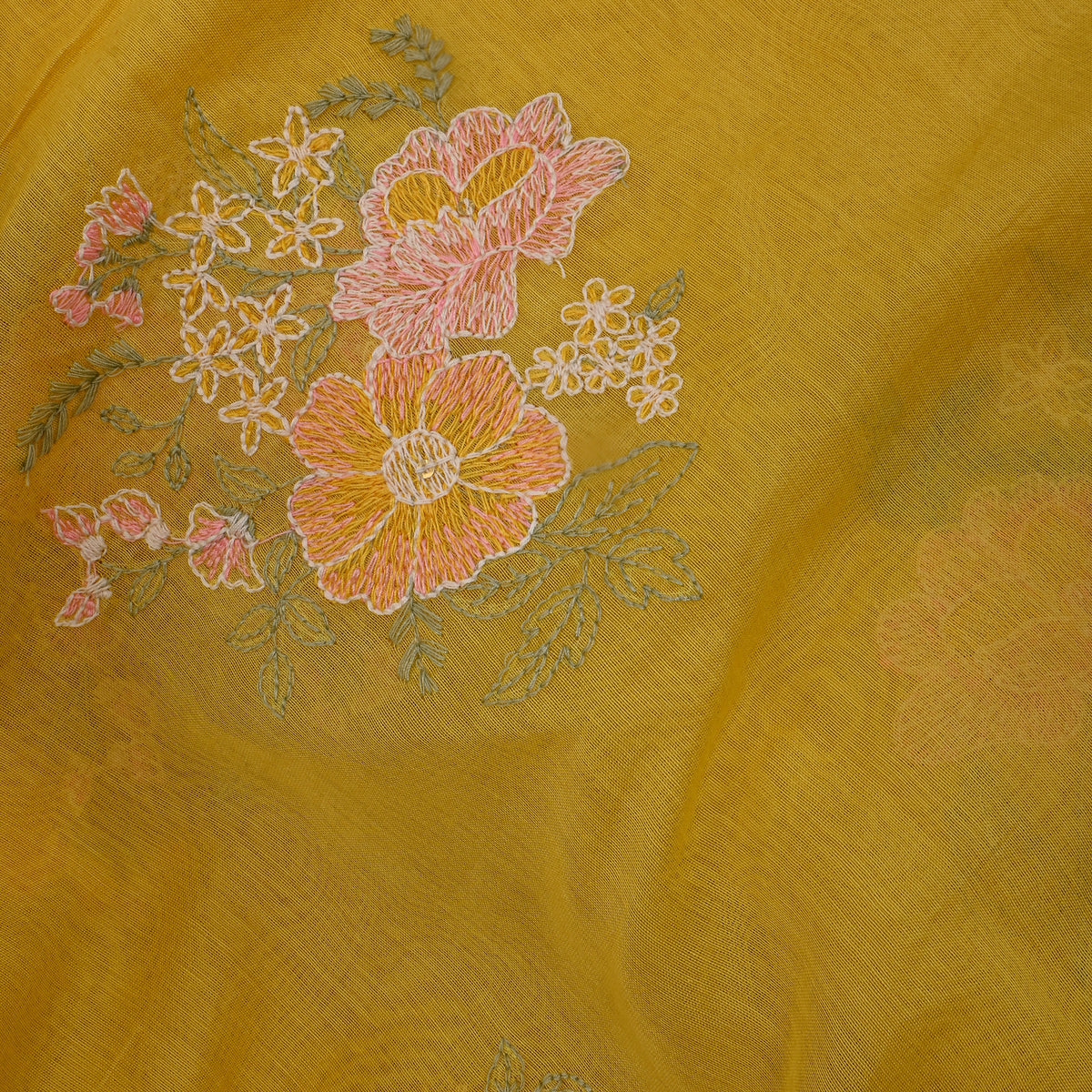 Mustard Yellow Thread Work Floral Chanderi Fabric