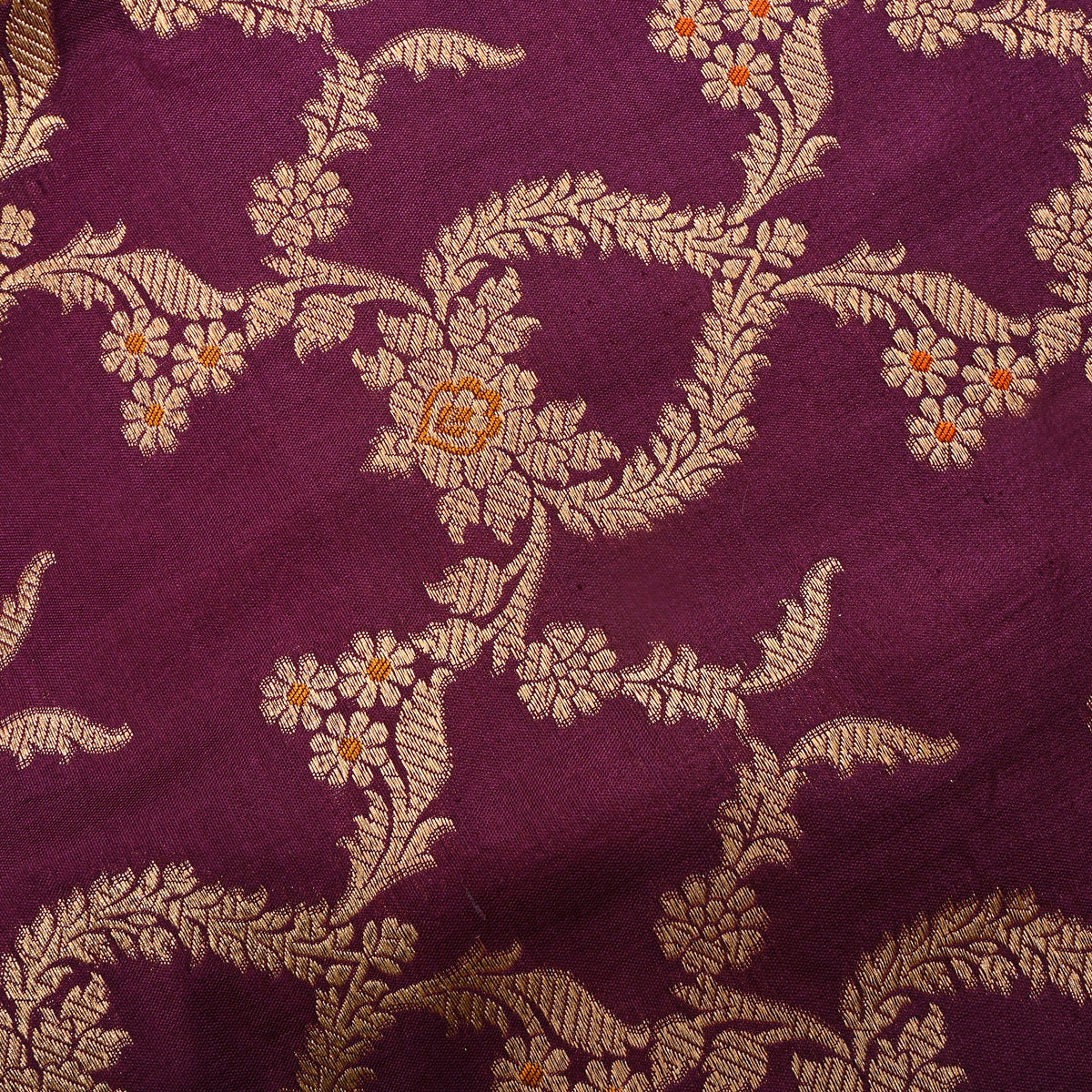 Plum Gold Zari Floral Trellis Jaal Jamawar Silk Fabric