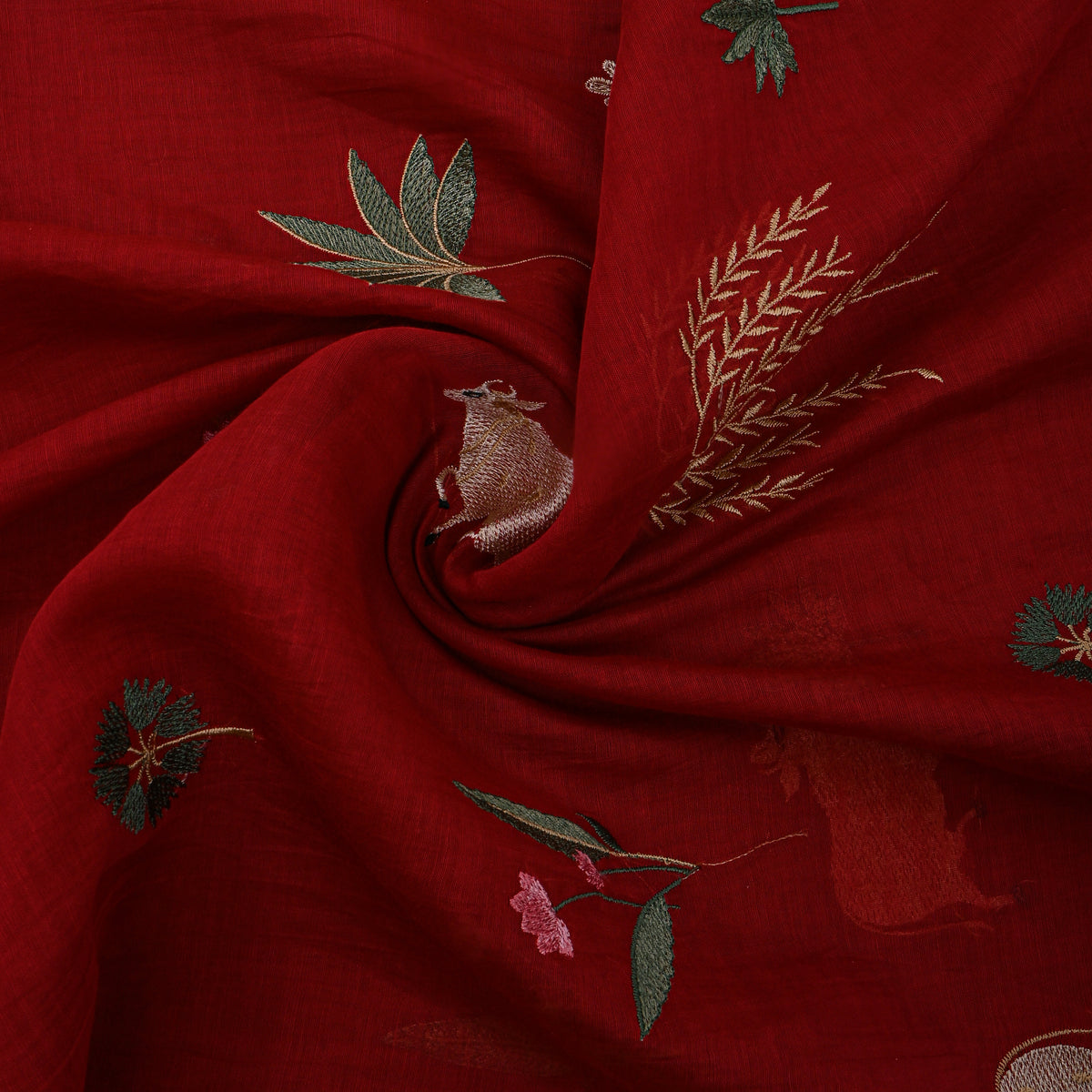 Cherry Red Thread Work Animal Motif Chanderi Fabric