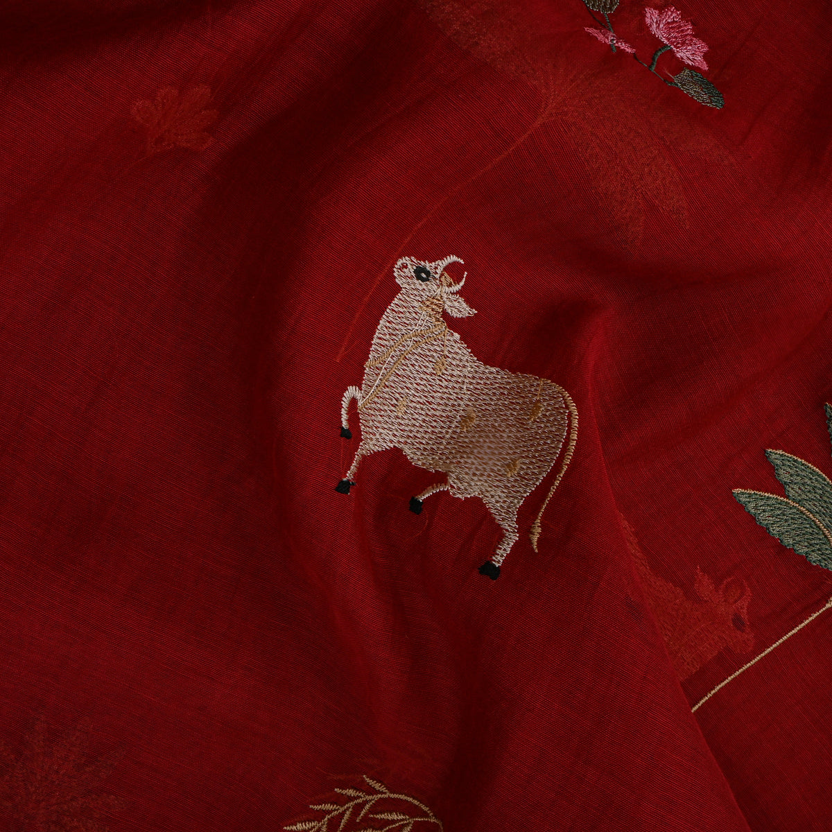 Cherry Red Thread Work Animal Motif Chanderi Fabric