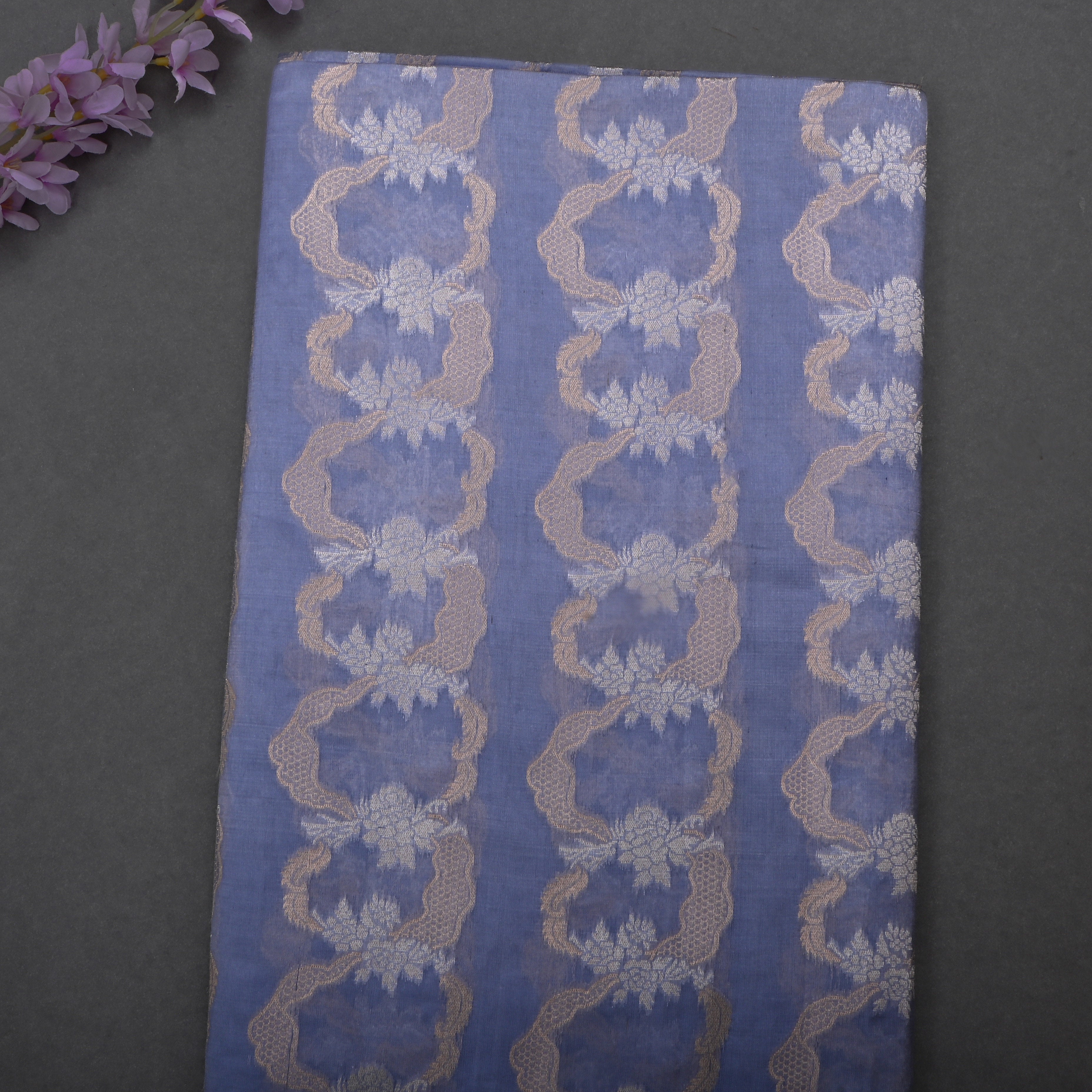 Waikawa Gray Jamawar Silk Fabric With Floral Design