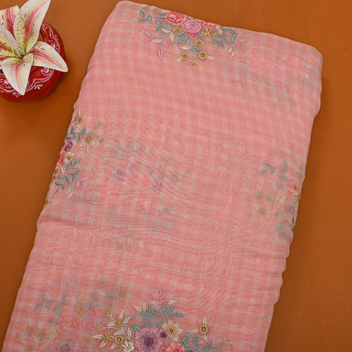 Blush Pink Thread Work Butti Chanderi Fabric