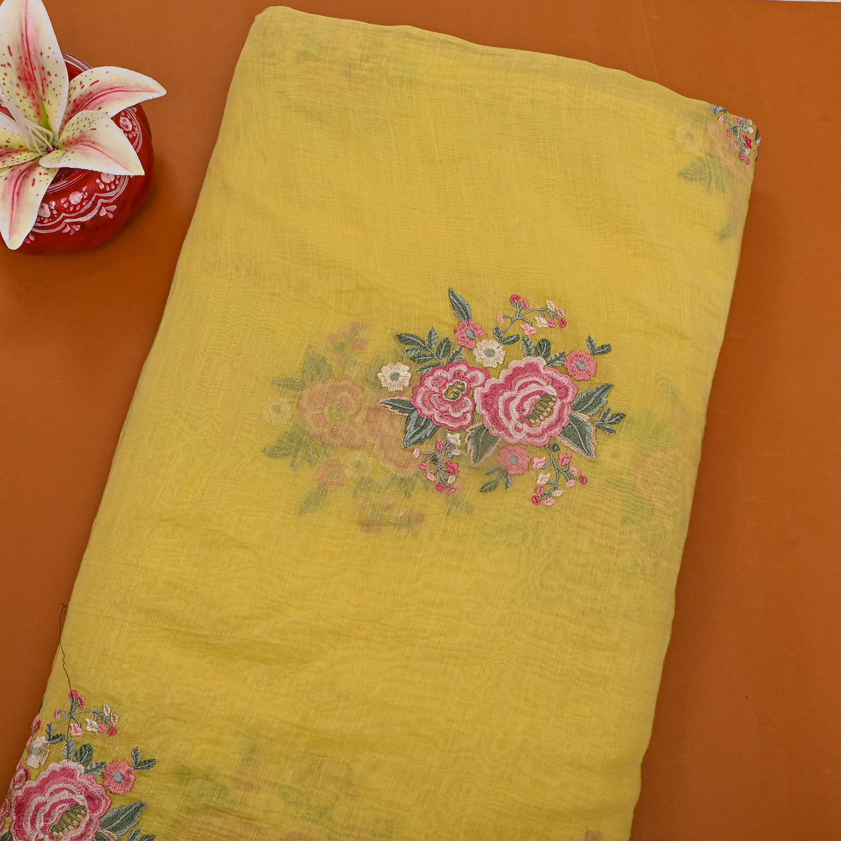 Sunny Yellow Thread Work Floral Butti Chanderi Fabric