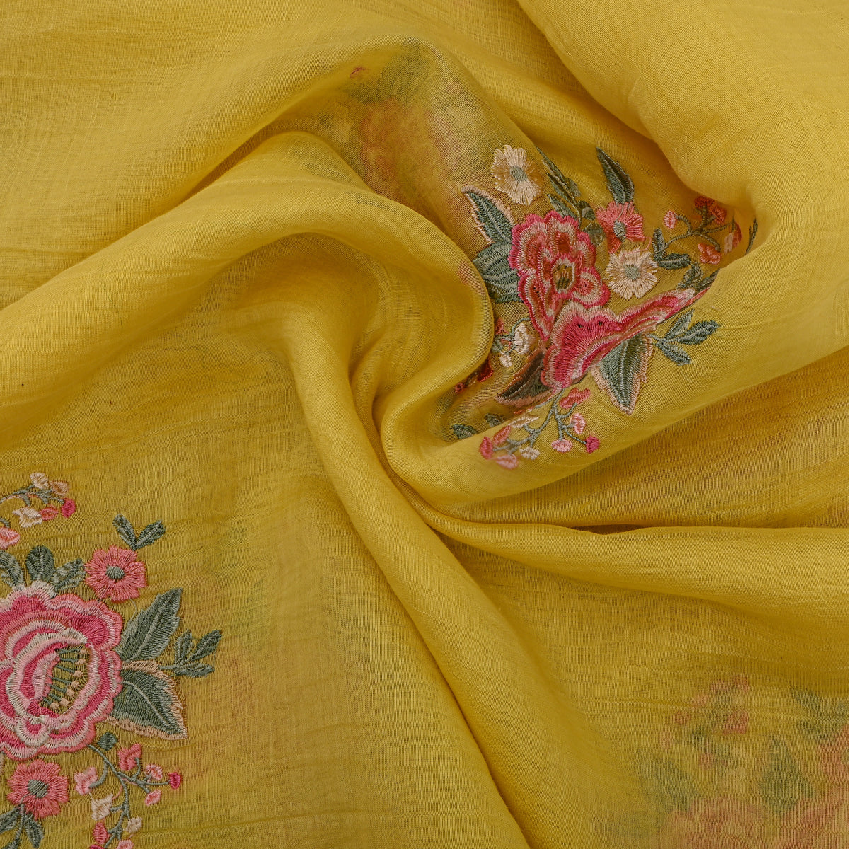 Sunny Yellow Thread Work Floral Butti Chanderi Fabric