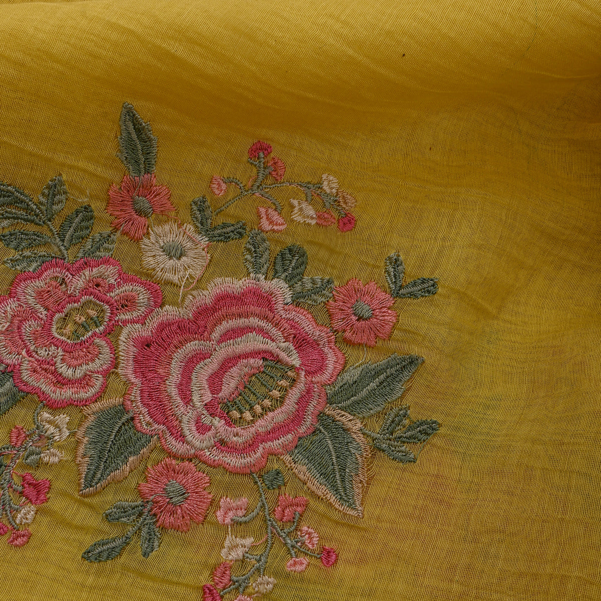 Sunny Yellow Thread Work Floral Butti Chanderi Fabric