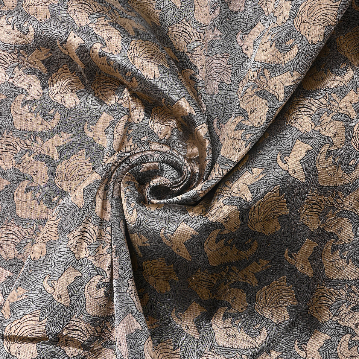 Black Gold Metallic Zari Jangal Woven Jamawar Silk Fabric
