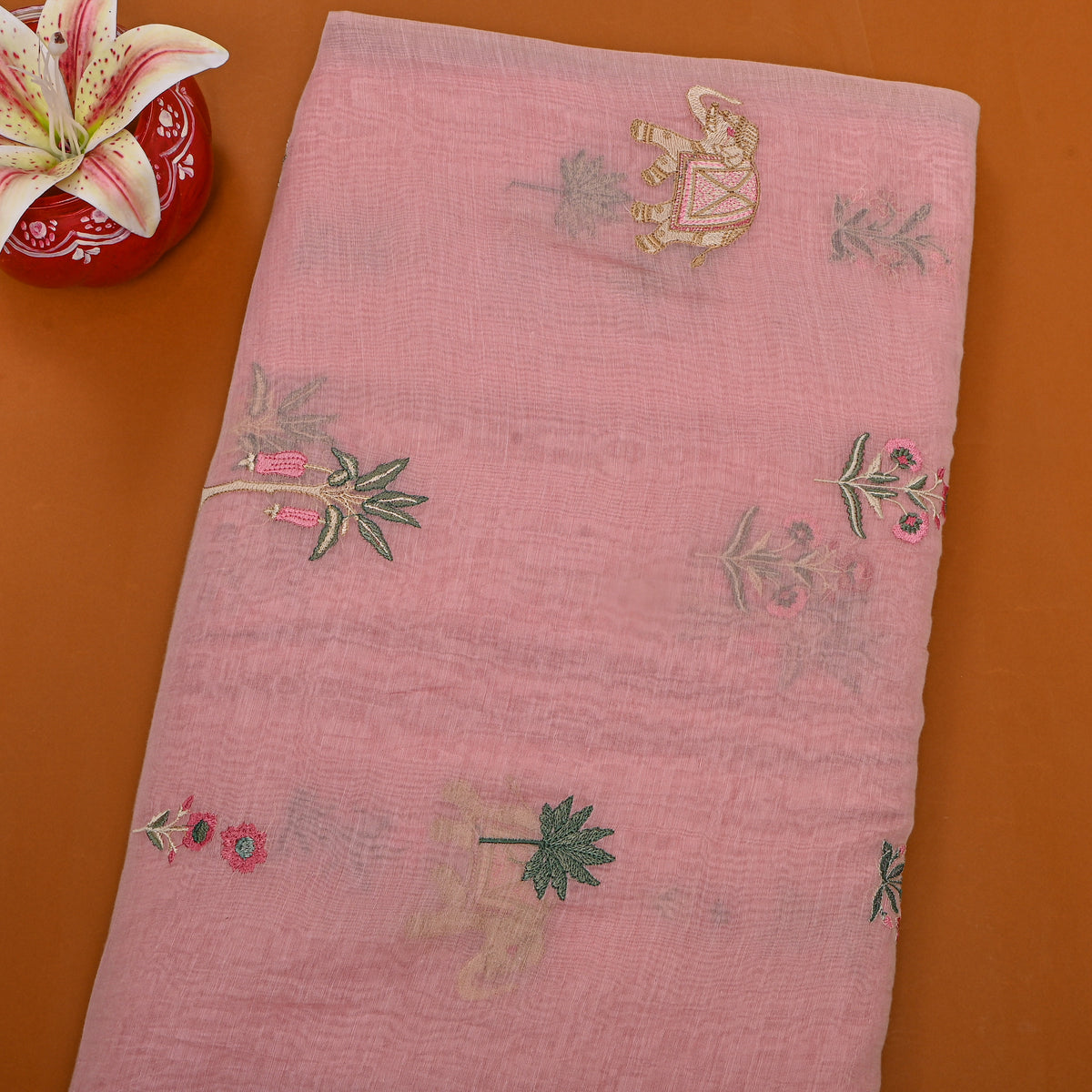 Pastel Pink Thread Work Butti Chanderi Fabric