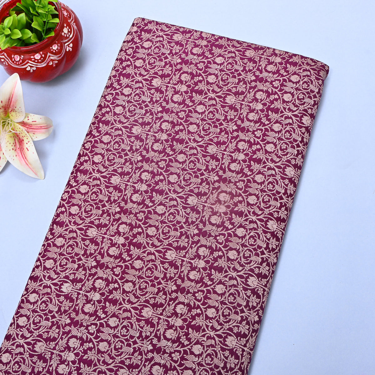 Deep Magenta Jamawar Silk Fabric With Gold Zari Brocade Weave