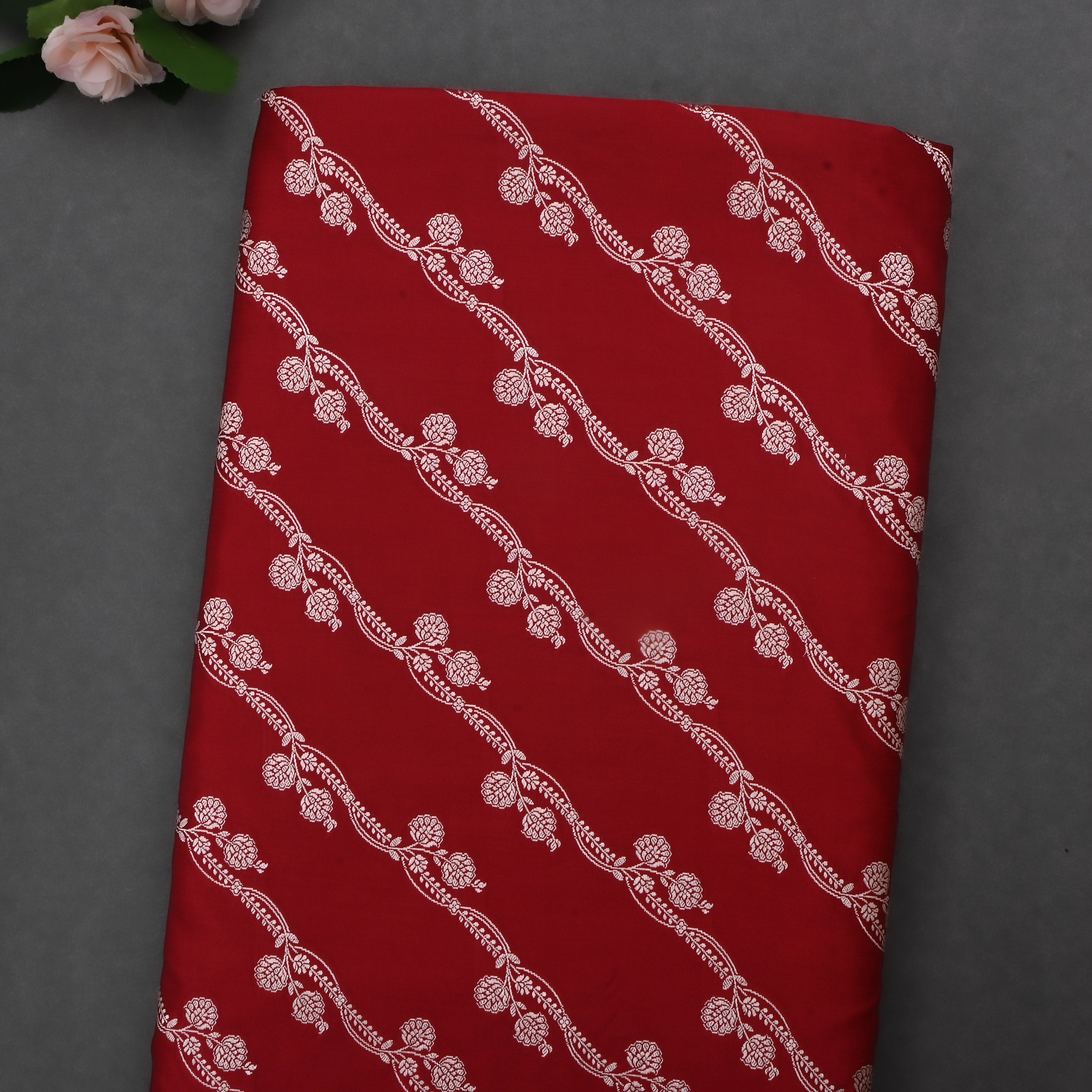 Maroon Jamawar Satin Fabric With Floral Stripes