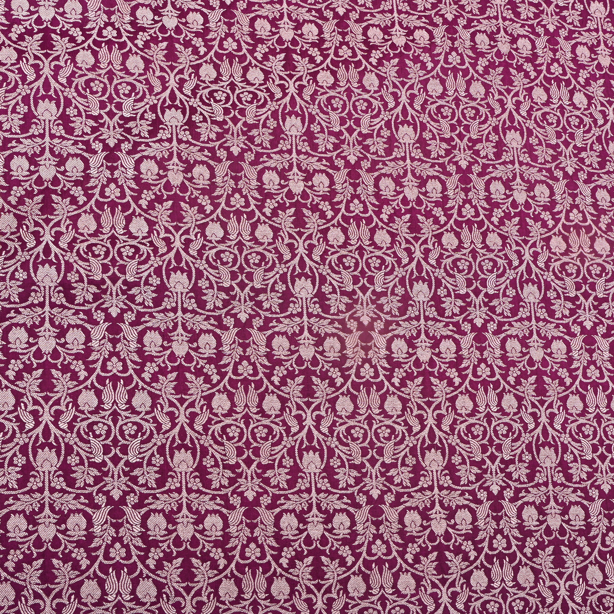 Deep Magenta Jamawar Silk Fabric With Gold Zari Brocade Weave