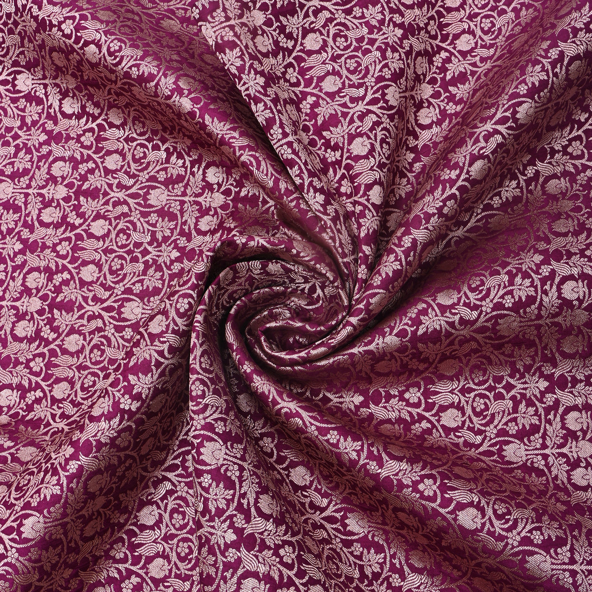 Deep Magenta Jamawar Silk Fabric With Gold Zari Brocade Weave
