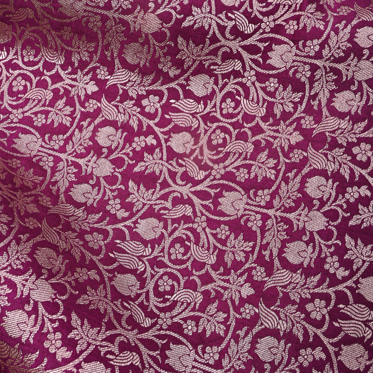 Deep Magenta Jamawar Silk Fabric With Gold Zari Brocade Weave