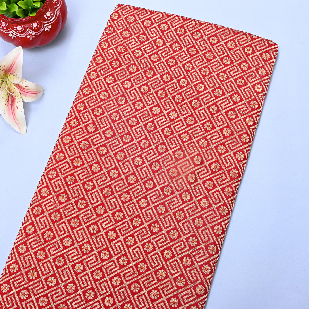 Tomato Red Gold Zari Geometric Motif Jamawar Silk Fabric