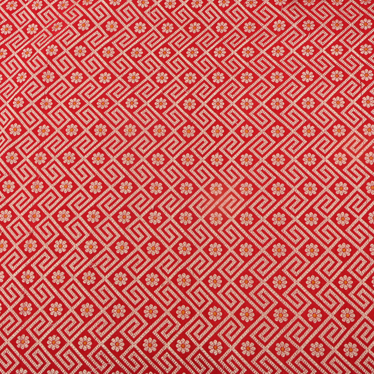 Tomato Red Gold Zari Geometric Motif Jamawar Silk Fabric