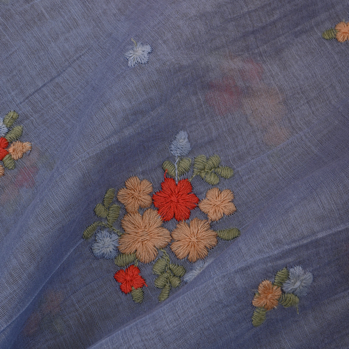 Pastel Blue With Coral Thread Work Butti Chanderi Fabric
