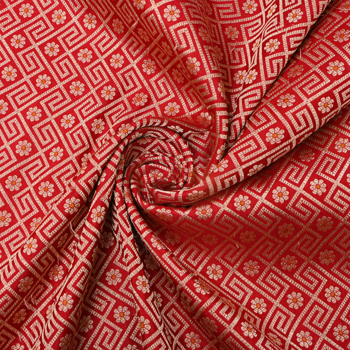 Tomato Red Gold Zari Geometric Motif Jamawar Silk Fabric
