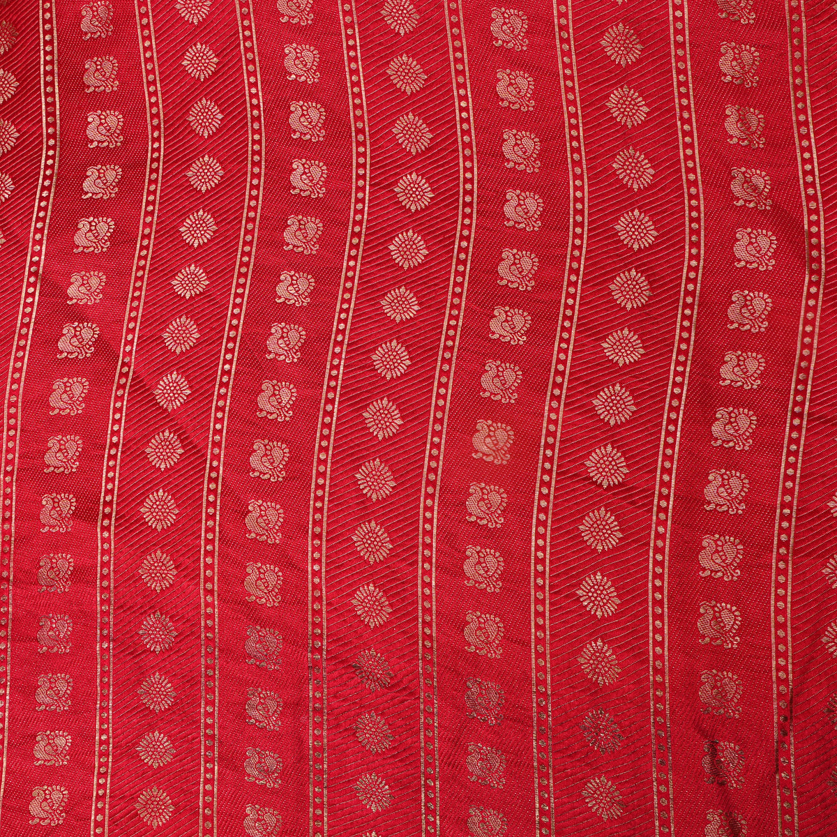 Cherry Pink Gold Zari Peacock Butti Stripe Jamawar Silk Fabric.