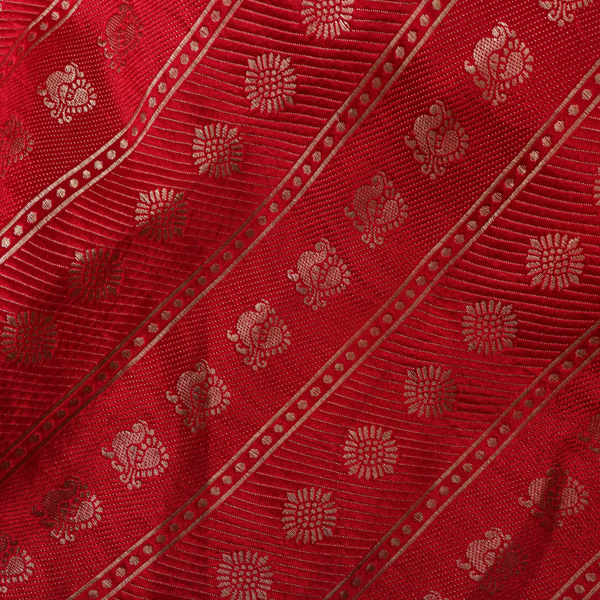 Cherry Pink Gold Zari Peacock Butti Stripe Jamawar Silk Fabric.