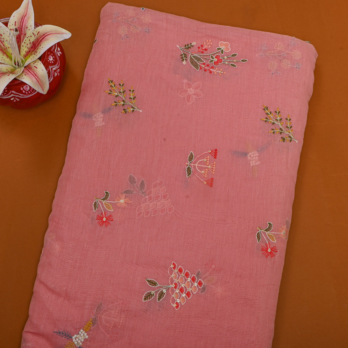 Peach Pastel Butti Embroidered Chanderi