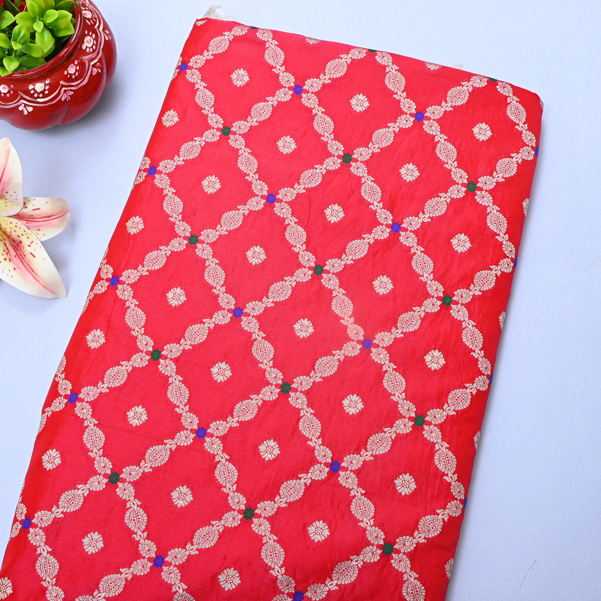 Crimson Red Silver Zari Checked Jamawar Silk Fabric