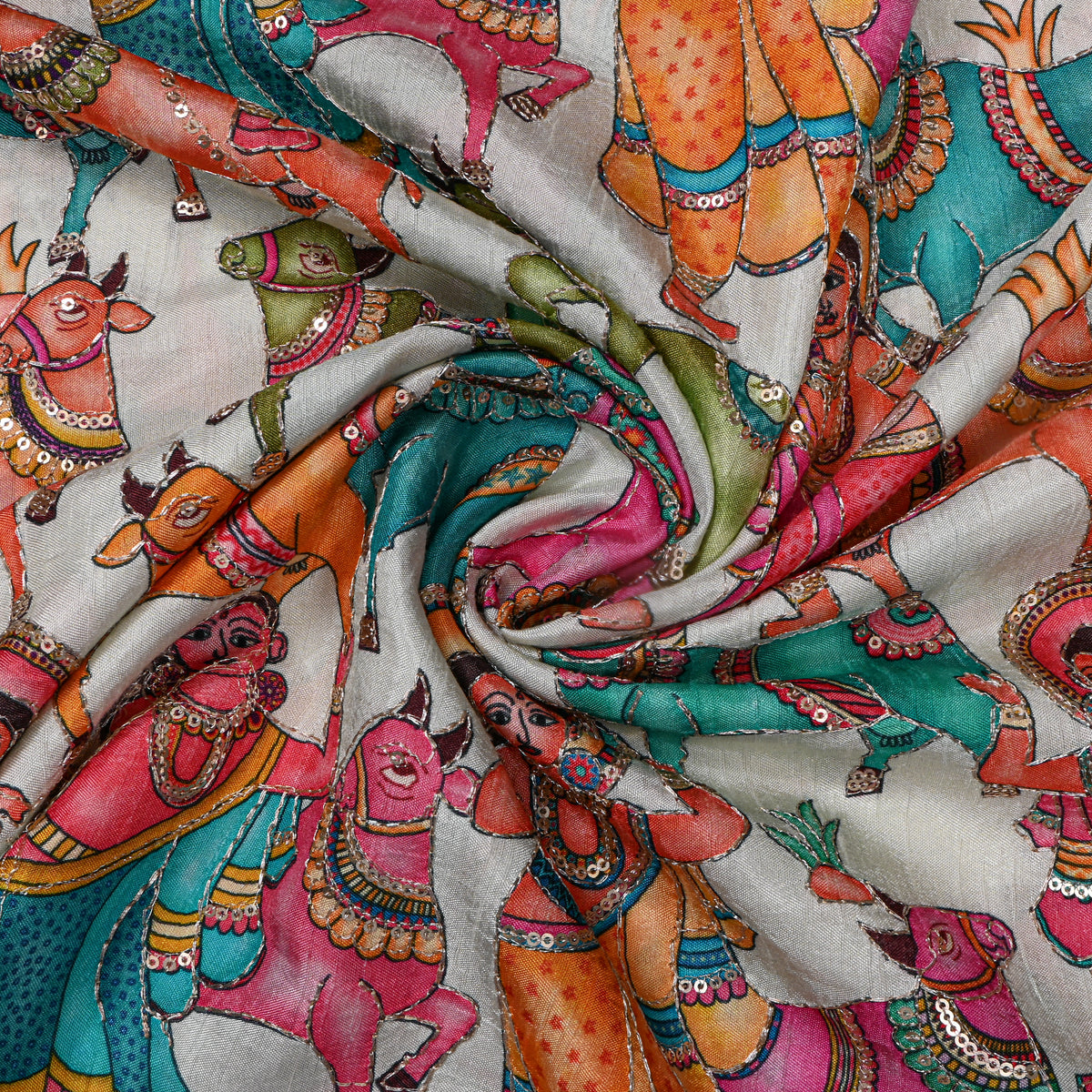 Dove White Kalamkari Pen Hand Painted Sequin Dupion Silk Fabric
