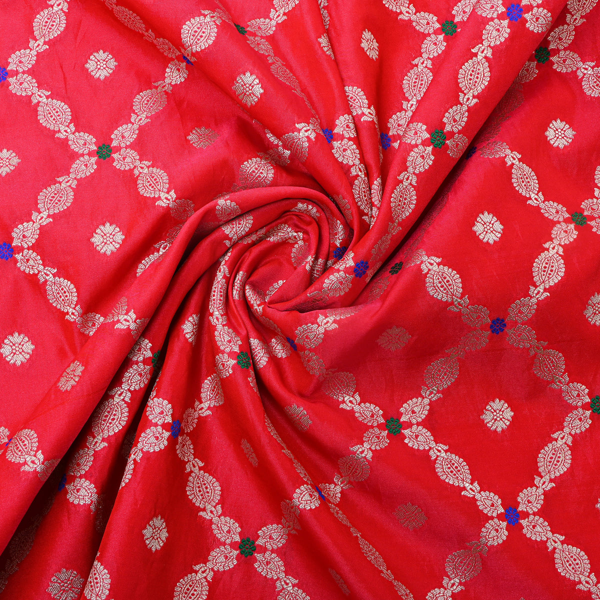 Crimson Red Silver Zari Checked Jamawar Silk Fabric
