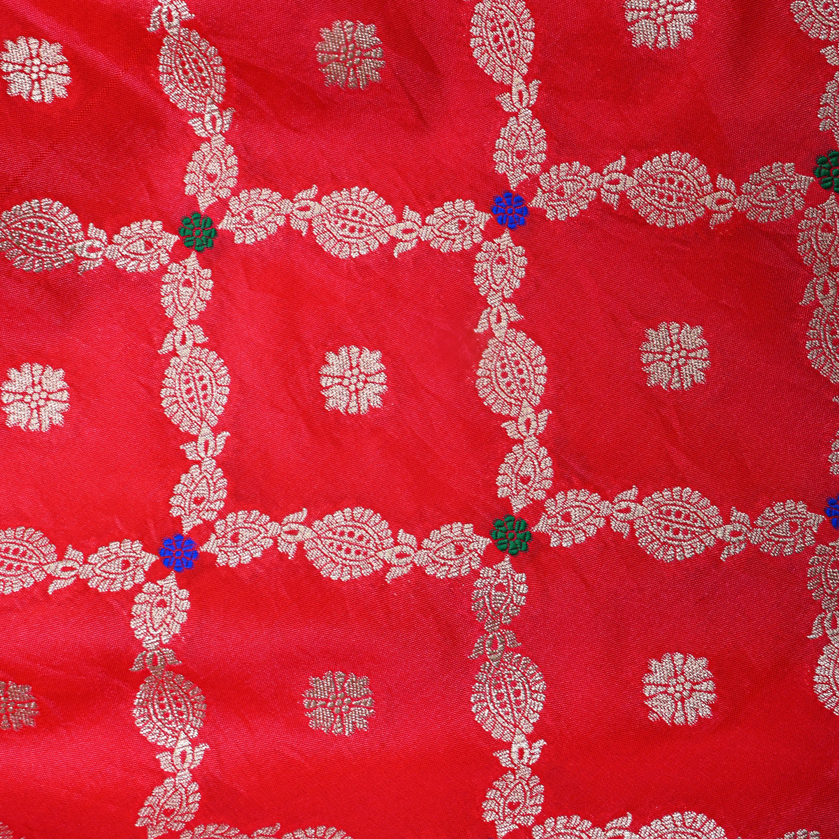 Crimson Red Silver Zari Checked Jamawar Silk Fabric