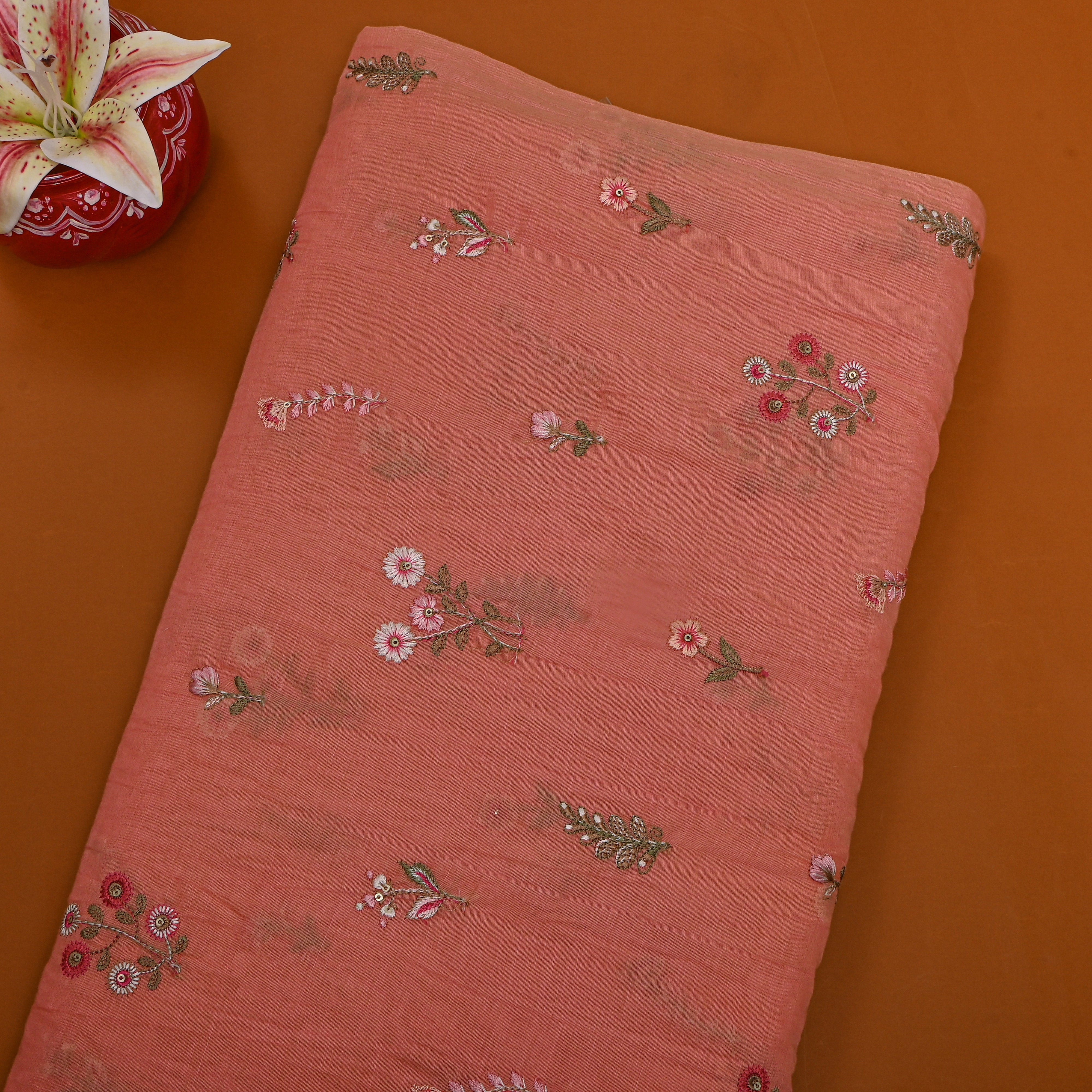 Pastel Orange Chanderi With Floral Butti