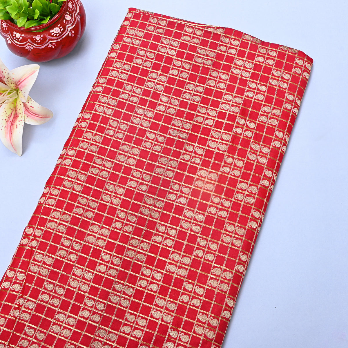 Bright Red Jamawar Silk Fabric