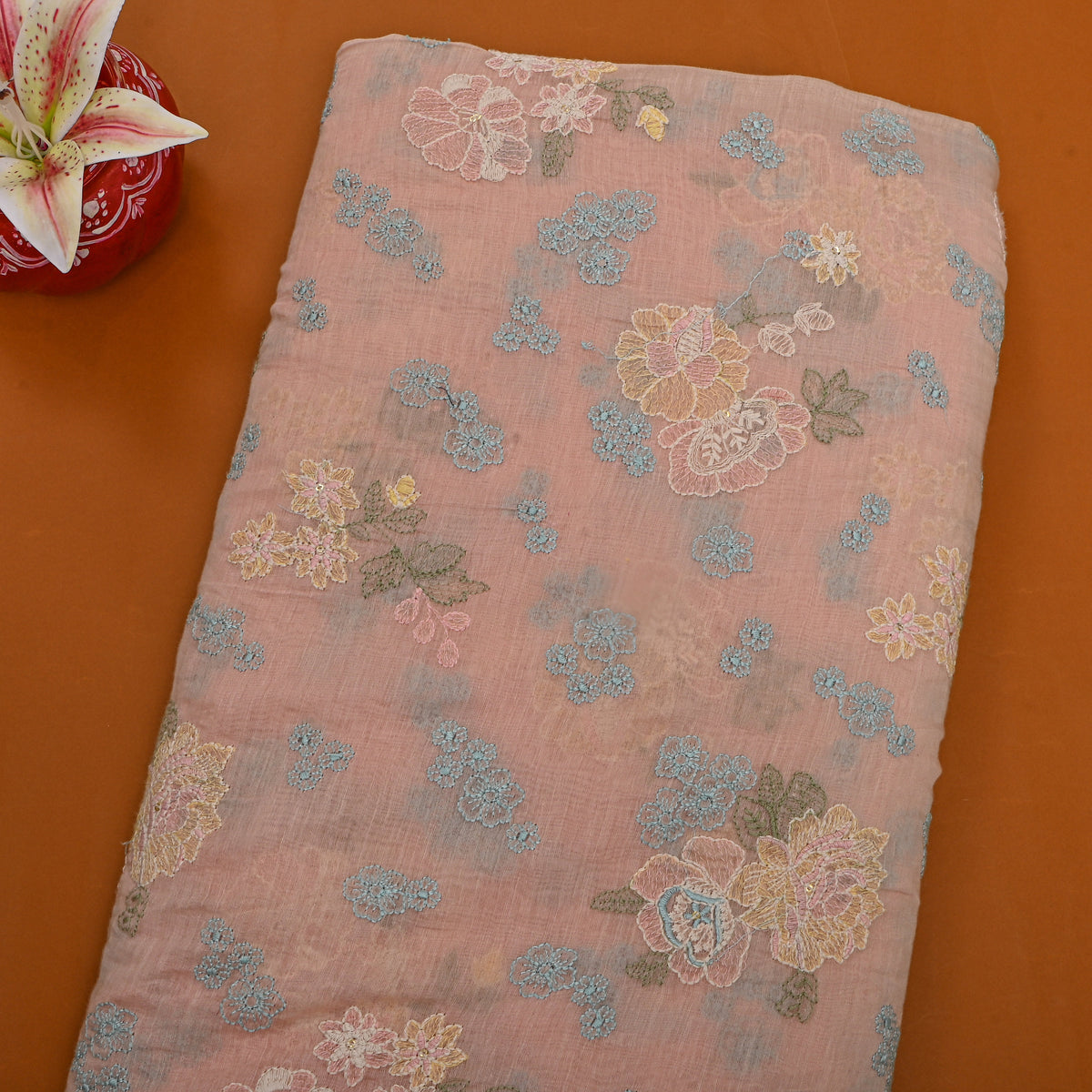 Dusty Peach Thread Embroidery Tussar Silk Fabric