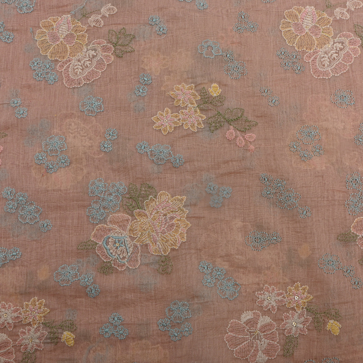 Dusty Peach Thread Embroidery Tussar Silk Fabric