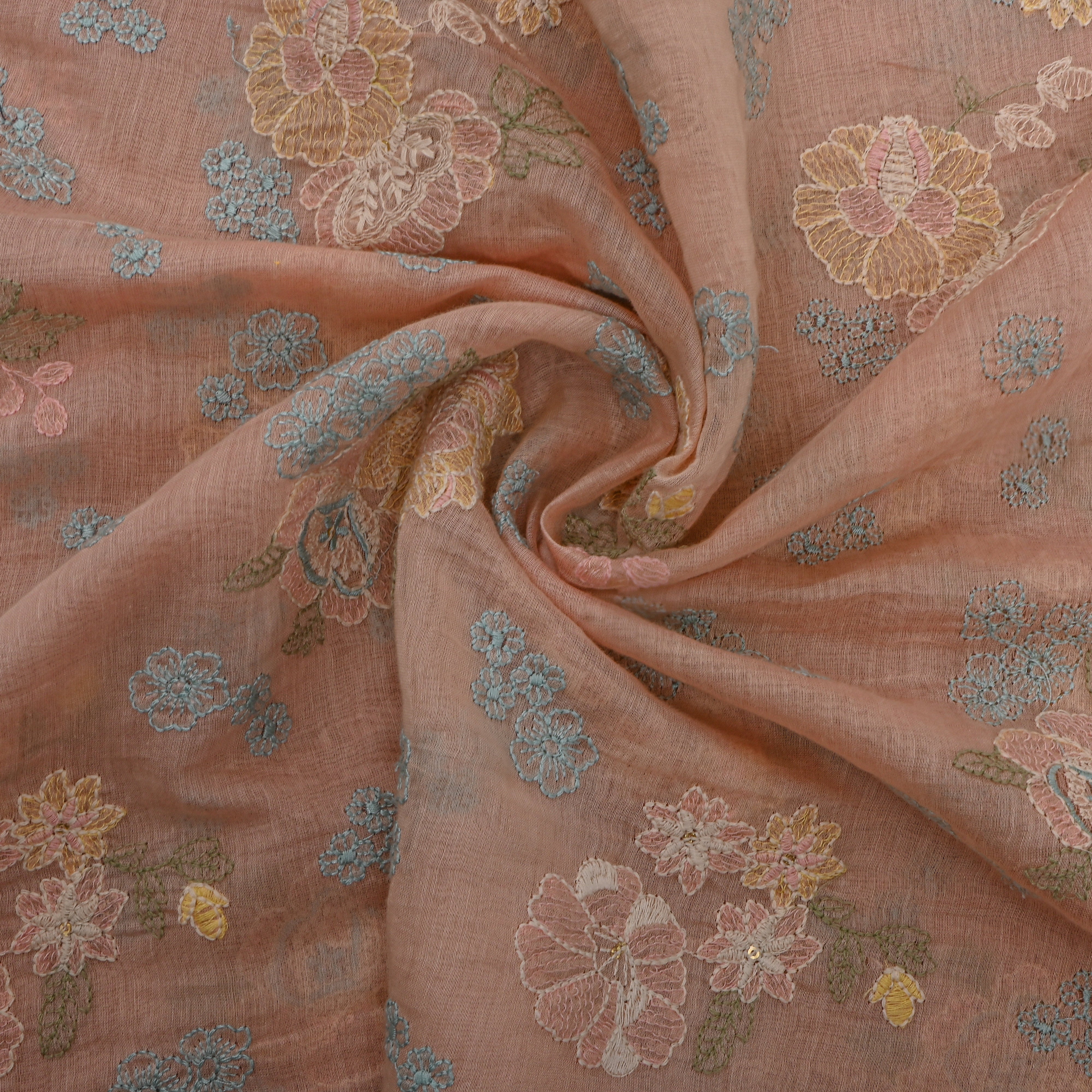 Dusty Peach Thread Embroidery Tussar Silk Fabric