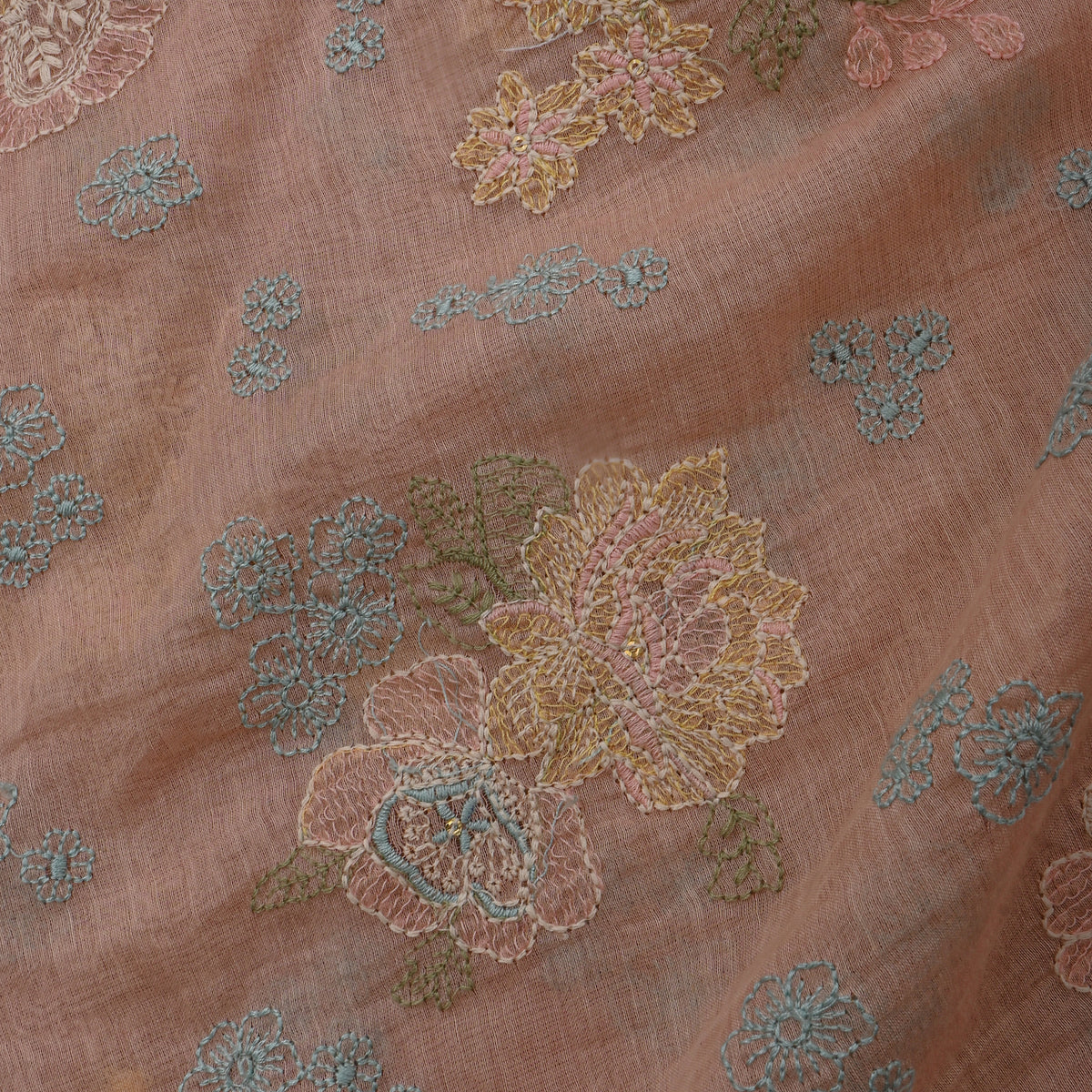 Dusty Peach Thread Embroidery Tussar Silk Fabric