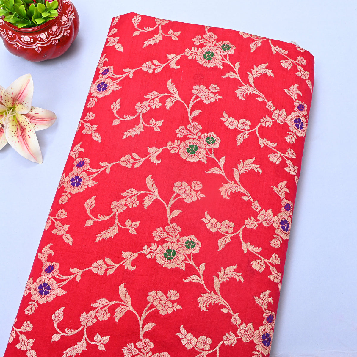 Red Gold Zari Floral Jaal Banarasi Silk Fabric