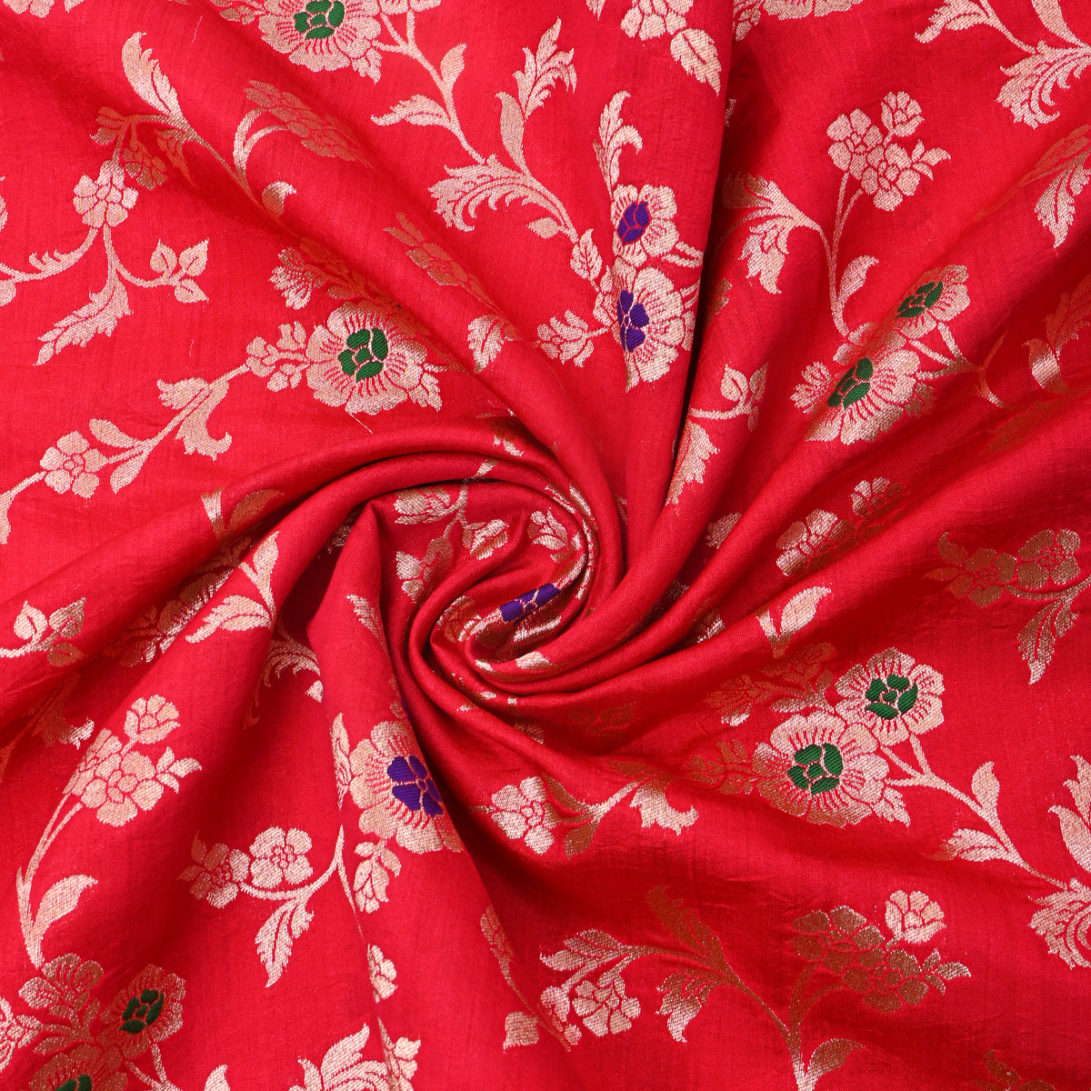 Red Gold Zari Floral Jaal Banarasi Silk Fabric