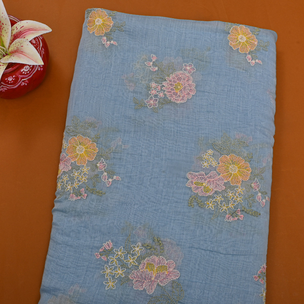 Slate Blue Thread Work Floral Chanderi Fabric