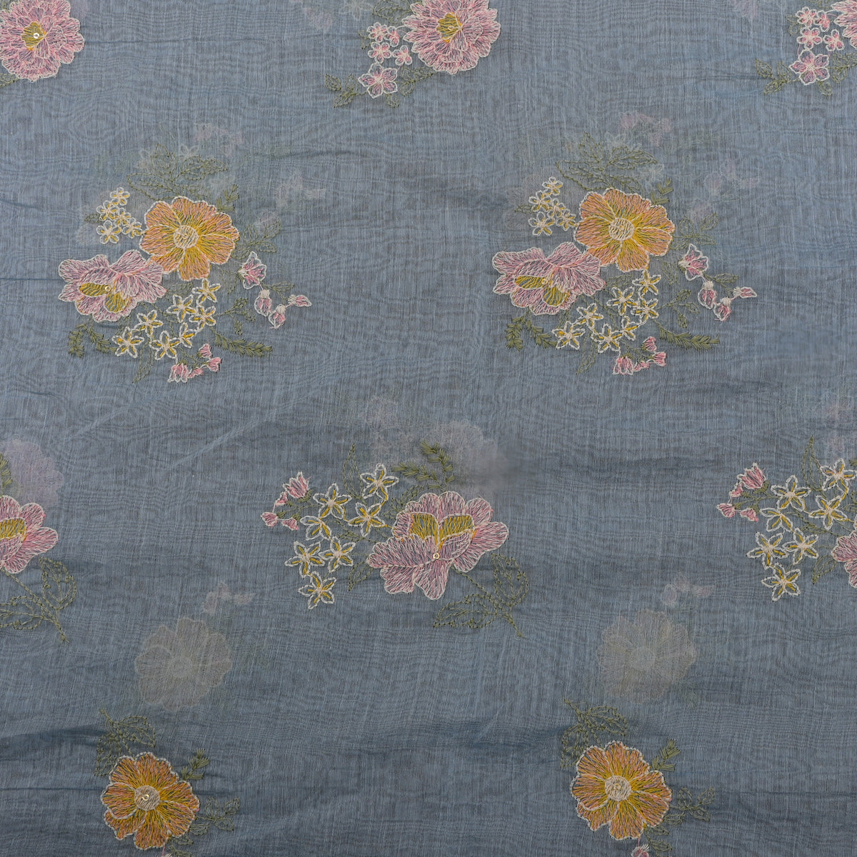 Slate Blue Thread Work Floral Chanderi Fabric