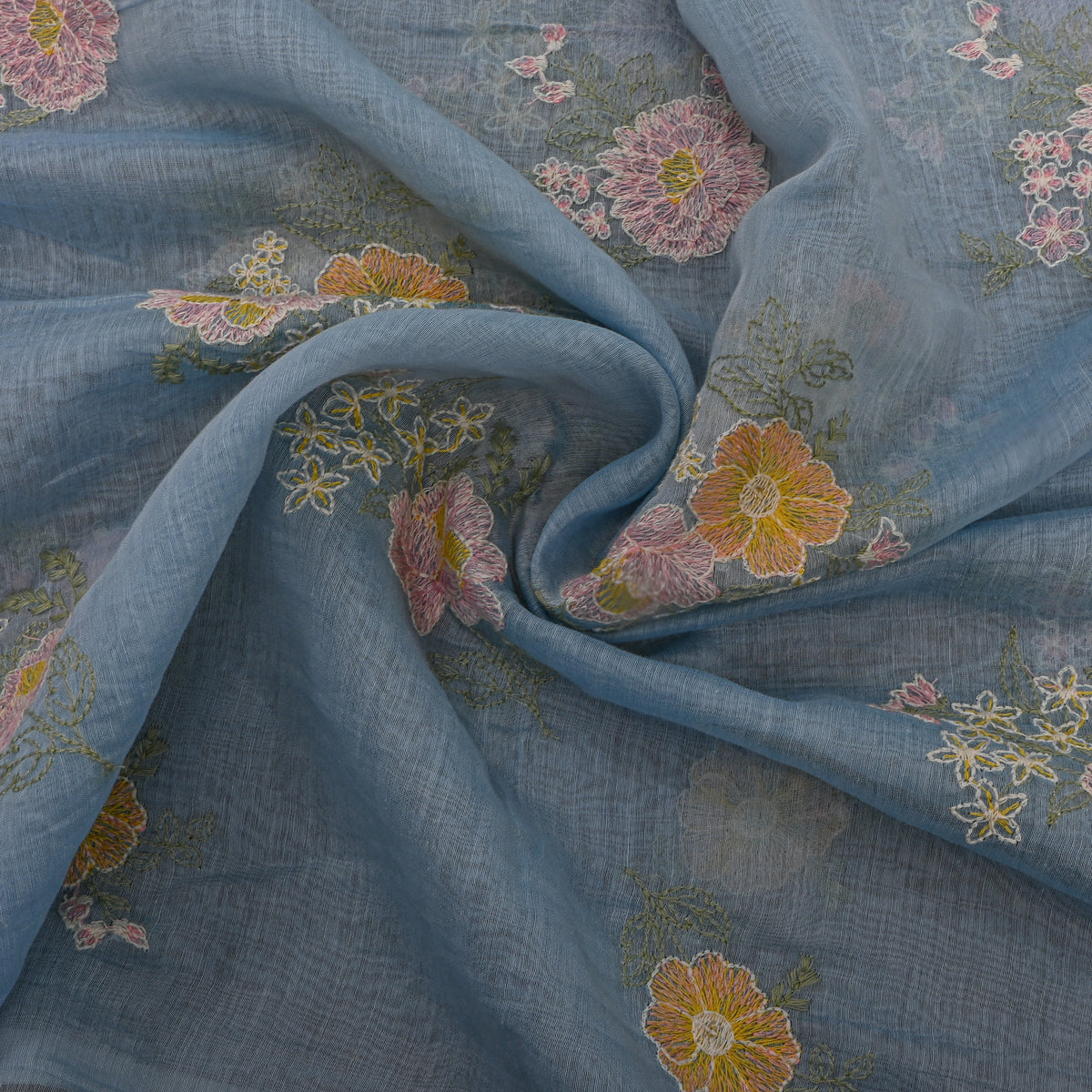 Slate Blue Thread Work Floral Chanderi Fabric