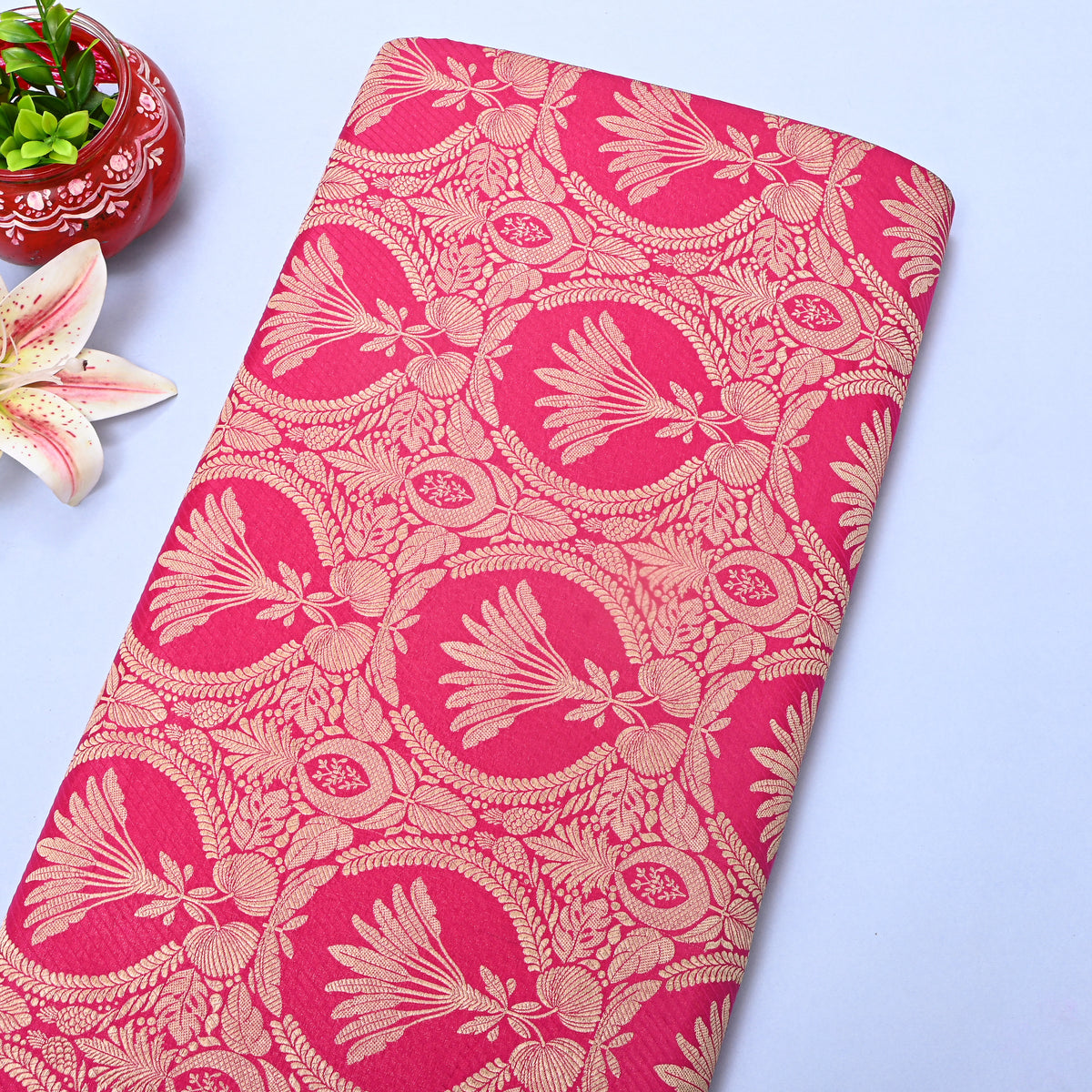 Fuchsia Pink Gold Floral Medallion Jamawar Silk Fabric
