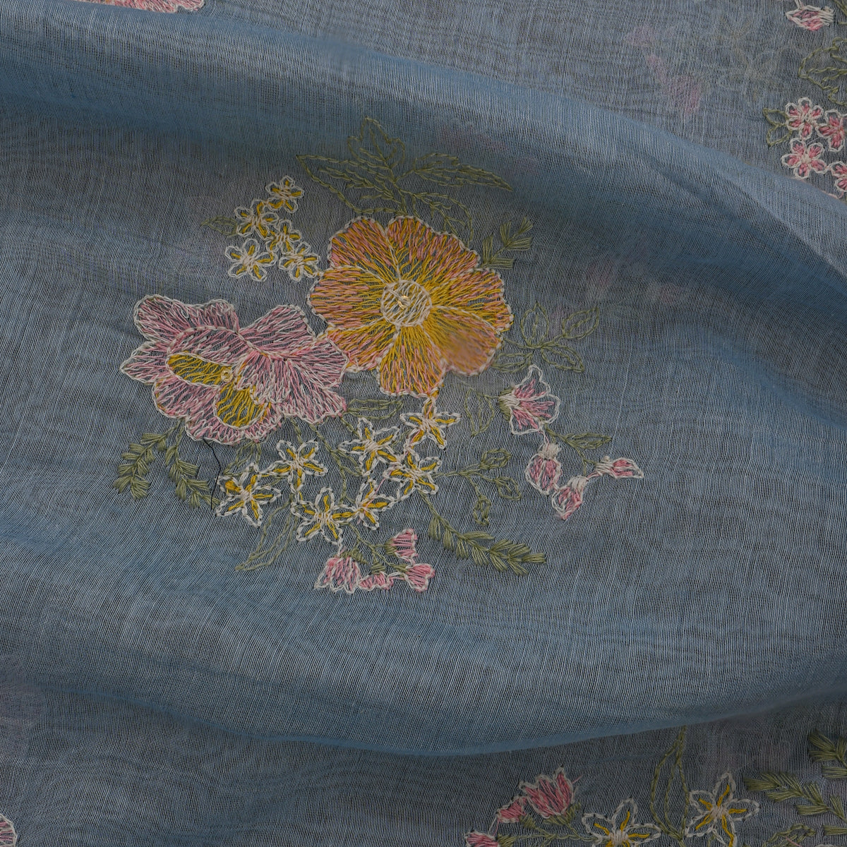 Slate Blue Thread Work Floral Chanderi Fabric