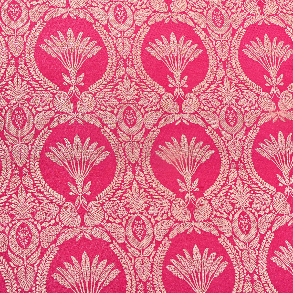 Fuchsia Pink Gold Floral Medallion Jamawar Silk Fabric