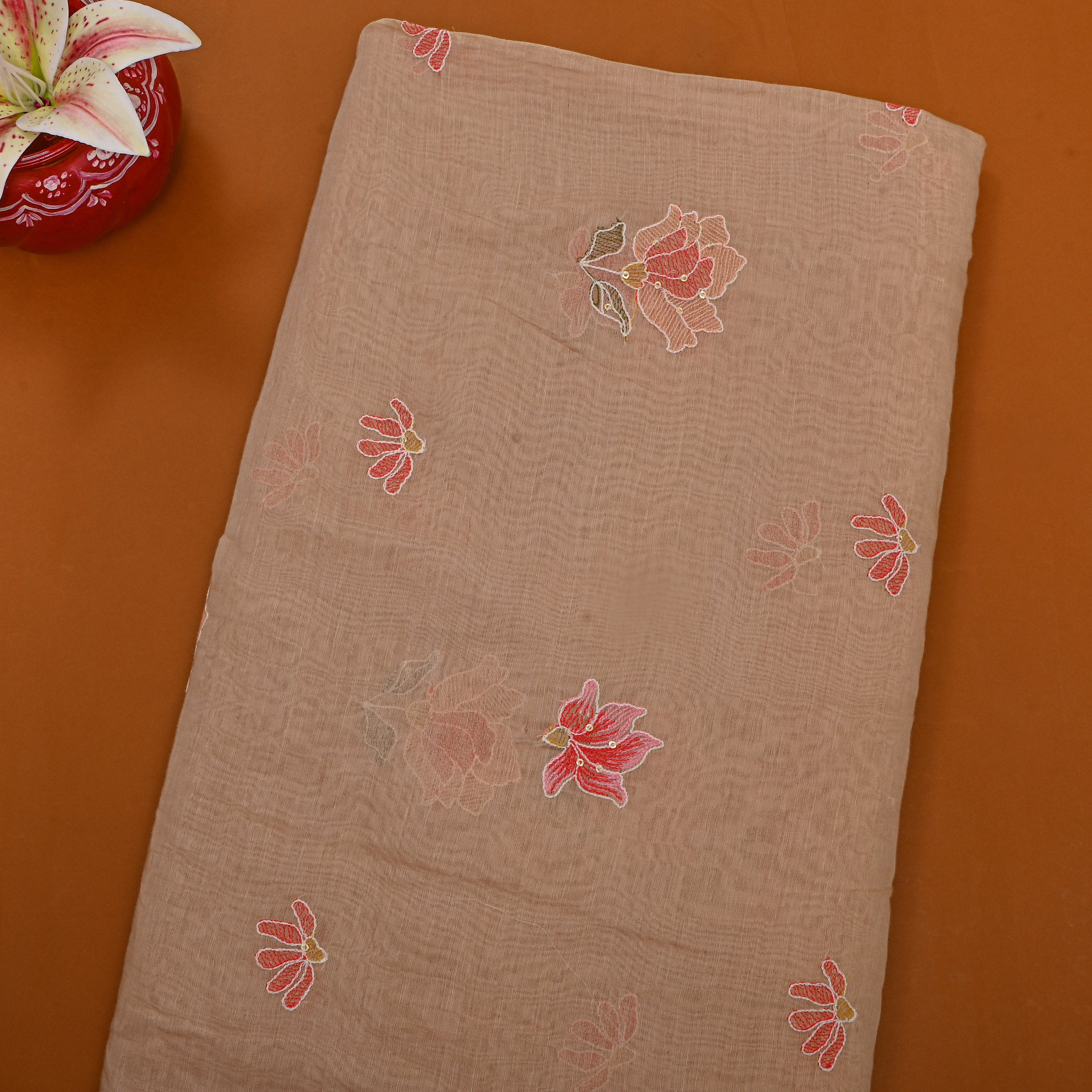 Beige Floral Thread Embroidered Chanderi