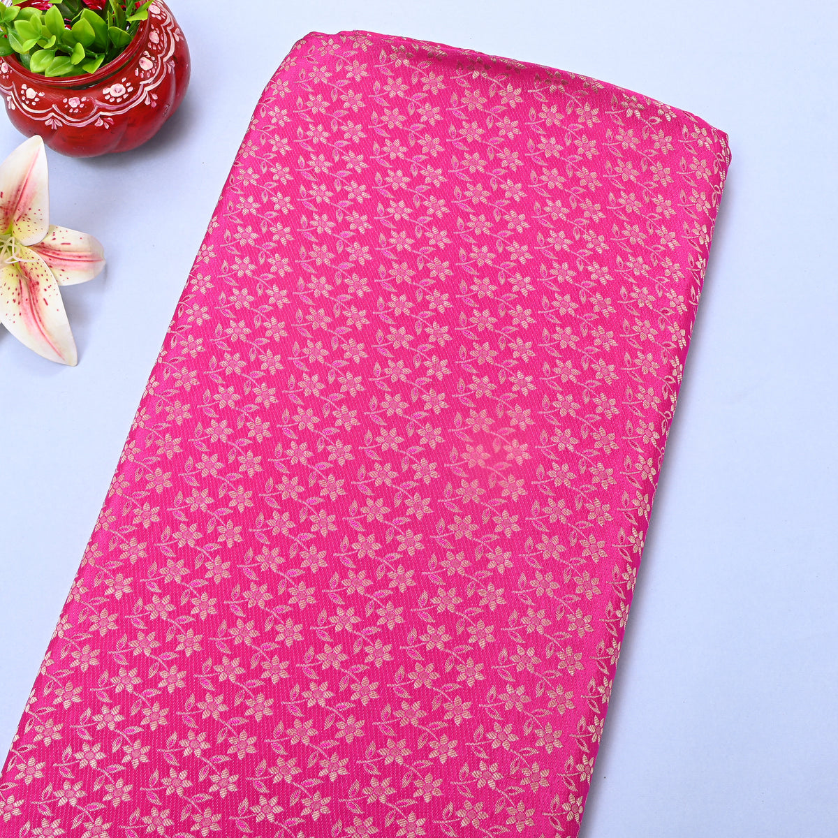 Fuchsia Pink Gold Zari Floral Weave Banarasi Silk Fabric