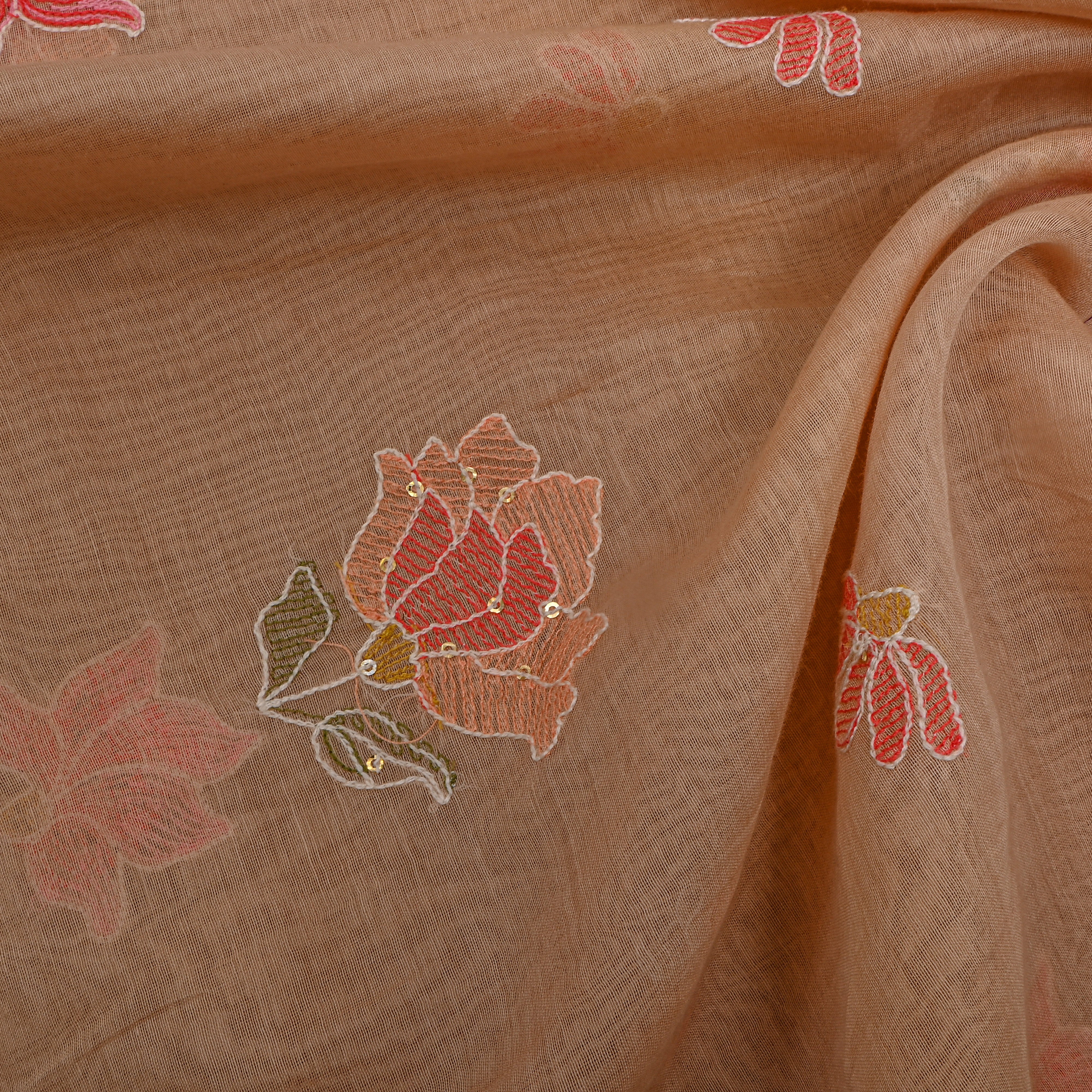 Beige Floral Thread Embroidered Chanderi