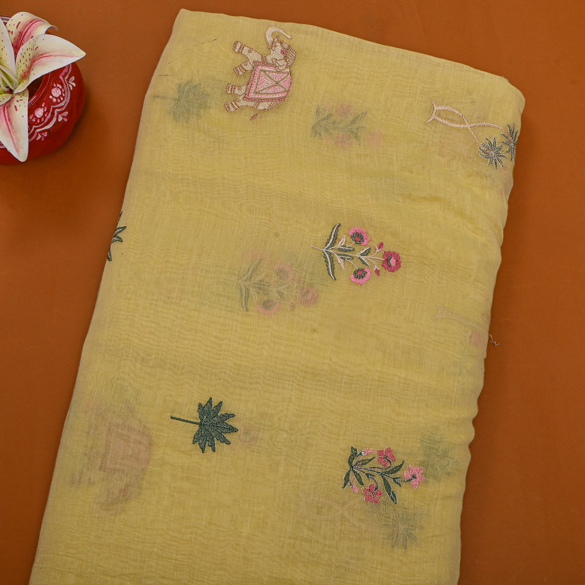 Bright Yellow Thread Work Butti Chanderi Fabric