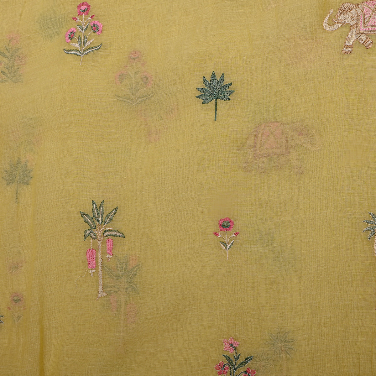 Bright Yellow Thread Work Butti Chanderi Fabric