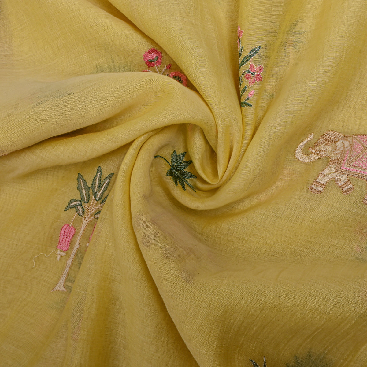 Bright Yellow Thread Work Butti Chanderi Fabric