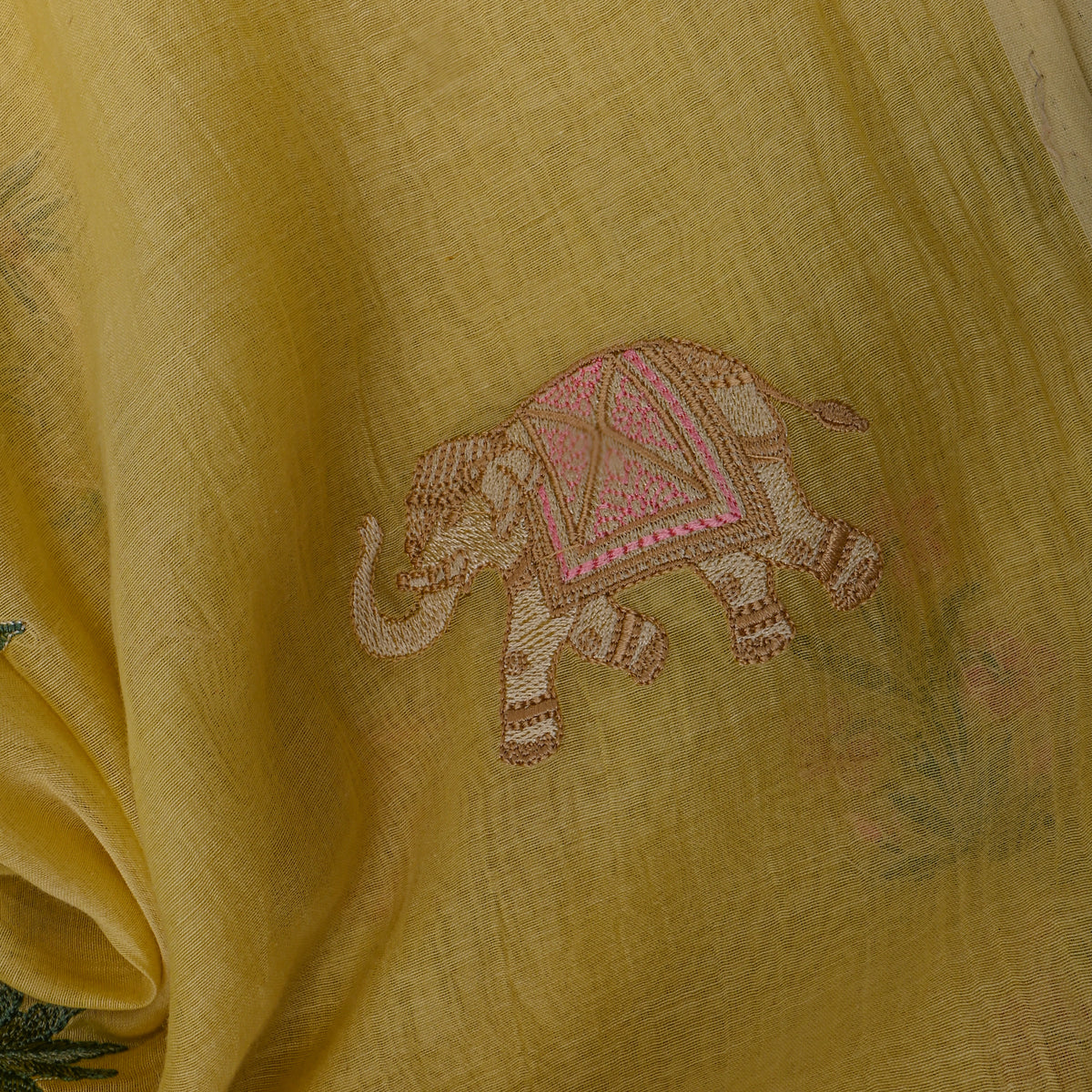 Bright Yellow Thread Work Butti Chanderi Fabric