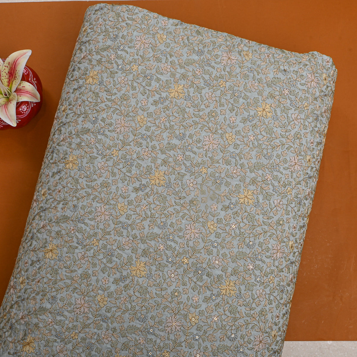 Steel Blue Gold Floral Jaal Thread Work Silk Fabric